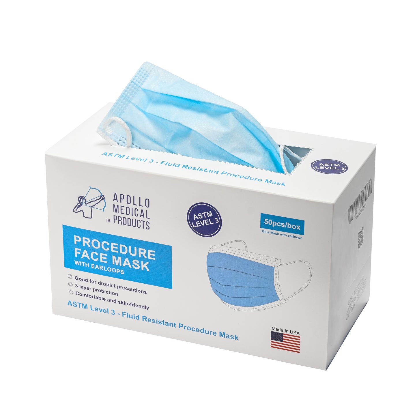 Level 3, Procedure Mask, Blue, Box of 50, Case of 40, Made in USA